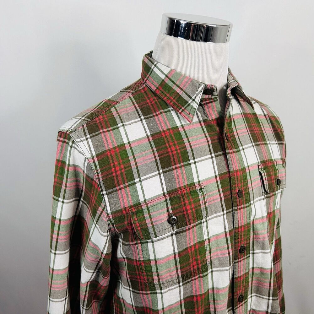 LL Bean Signature Medium Slim Fit Flannel Shirt Red Green White Plaid Cotton